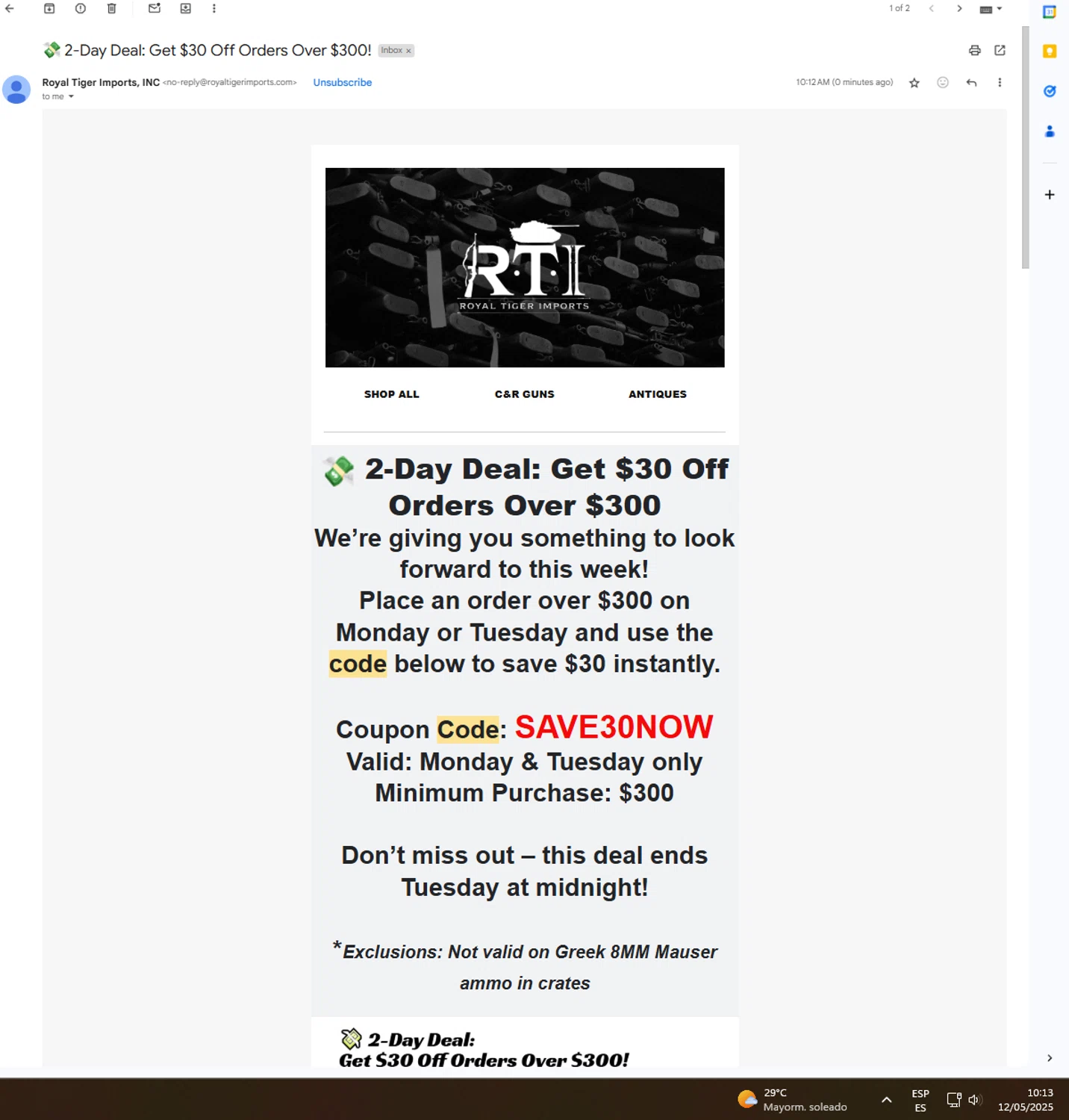 Royal Tiger Imports coupon code screenshot showing code SAVE30NOW applied at Royal Tiger Imports checkout page. Uploaded by SimplyCodes community member UnkNownVnzla on May 12, 2025
