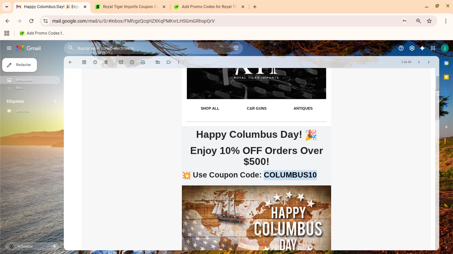Royal Tiger Imports coupon code screenshot showing code COLUMBUS10 applied at Royal Tiger Imports checkout page. Uploaded by SimplyCodes community member yennifergonzalez on Oct 13, 2025