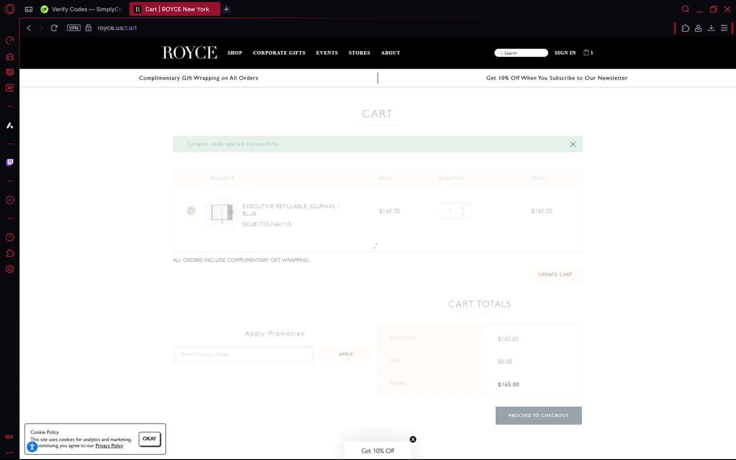 Royce coupon code screenshot showing code NEWYEAR25 applied at Royce checkout page. Uploaded by SimplyCodes community member frijolito on Aug 16, 2025