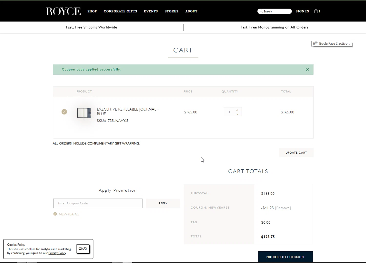 Royce coupon code screenshot showing code NEWYEAR25 applied at Royce checkout page. Uploaded by SimplyCodes community member Hei201 on Jun 17, 2025