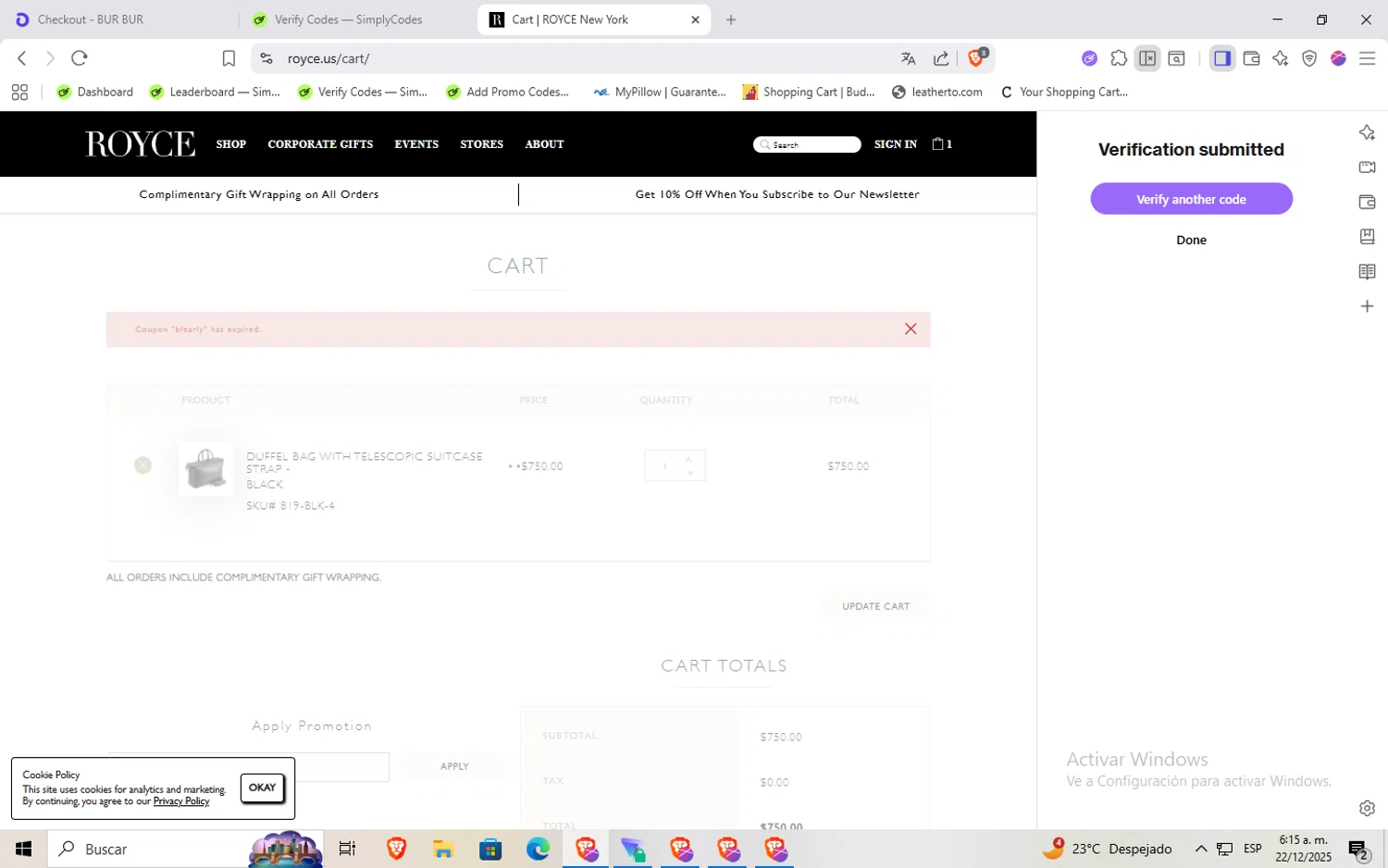Royce coupon code screenshot showing code BFEARLY applied at Royce checkout page. Uploaded by SimplyCodes community member Rayyyyyy on Dec 22, 2025