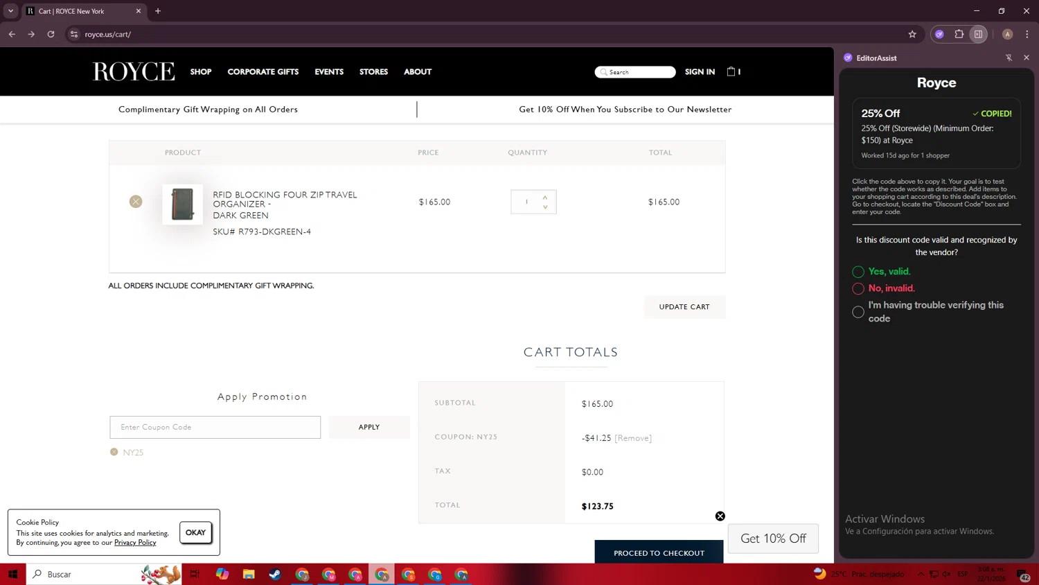 Royce coupon code screenshot showing code NY25 applied at Royce checkout page. Uploaded by SimplyCodes community member BargainGenius8397 on Jan 22, 2026