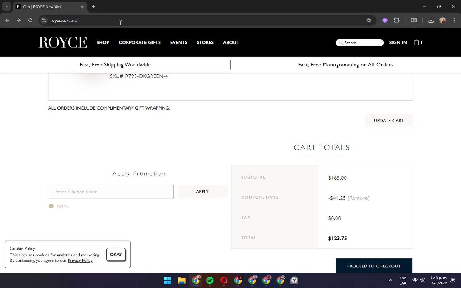 Royce coupon code screenshot showing code NY25 applied at Royce checkout page. Uploaded by SimplyCodes community member JennaOrtega on Feb 4, 2026