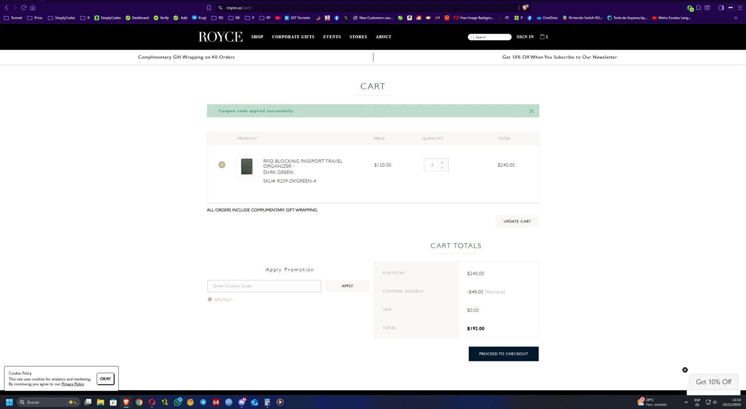 Royce coupon code screenshot showing code BFEARLY applied at Royce checkout page. Uploaded by SimplyCodes community member UnkNownVnzla on Nov 23, 2025