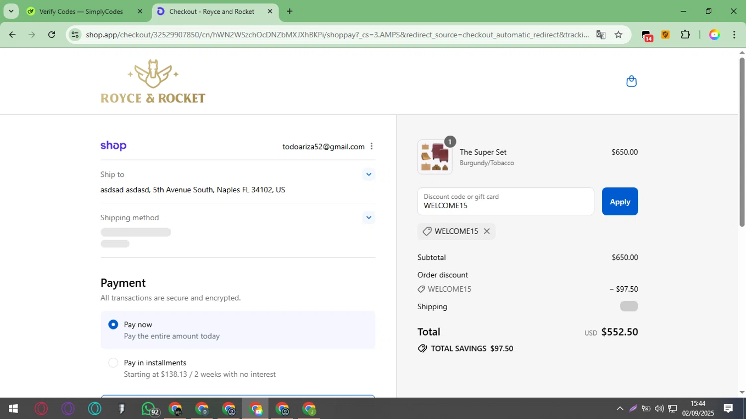 Royce and Rocket promo code screenshot showing code WELCOME15 applied at Royce and Rocket checkout page. Uploaded by SimplyCodes community member ArizaJesus on Sep 2, 2025