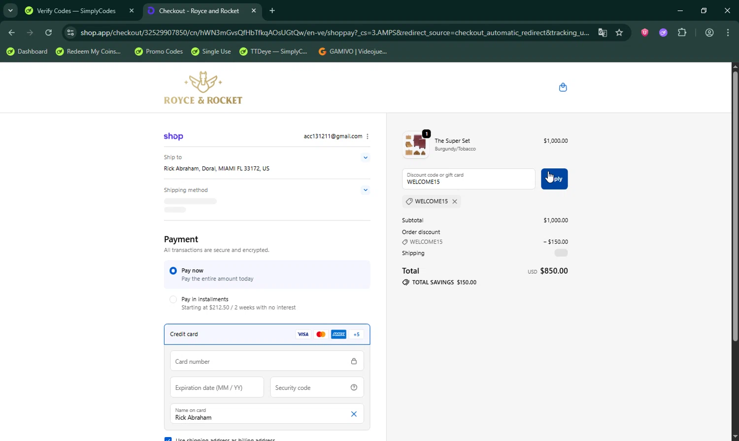 Royce and Rocket promo code screenshot showing code WELCOME15 applied at Royce and Rocket checkout page. Uploaded by SimplyCodes community member LHaunter on Oct 5, 2025