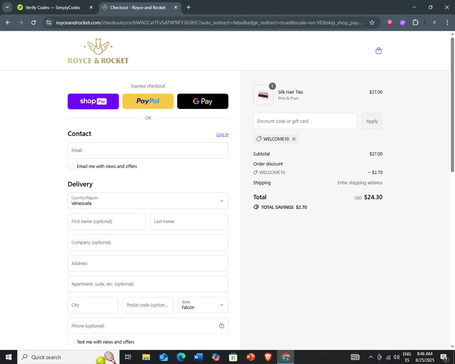 Royce and Rocket promo code screenshot showing code WELCOME10 applied at Royce and Rocket checkout page. Uploaded by SimplyCodes community member PrimeCurator3630 on Aug 25, 2025