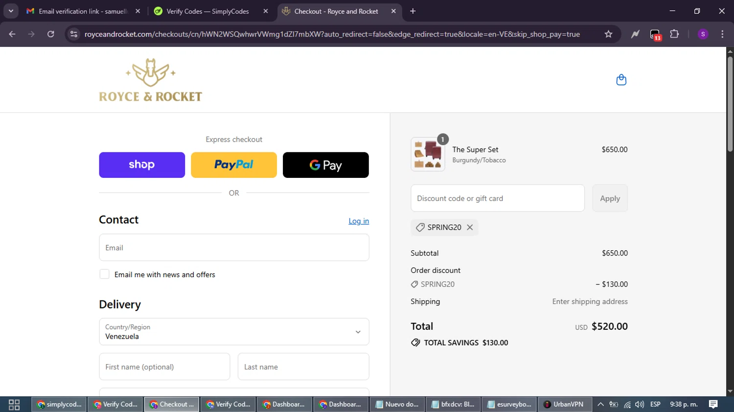 Royce and Rocket promo code screenshot showing code SPRING20 applied at Royce and Rocket checkout page. Uploaded by SimplyCodes community member ShieldWarden7838 on Sep 2, 2025