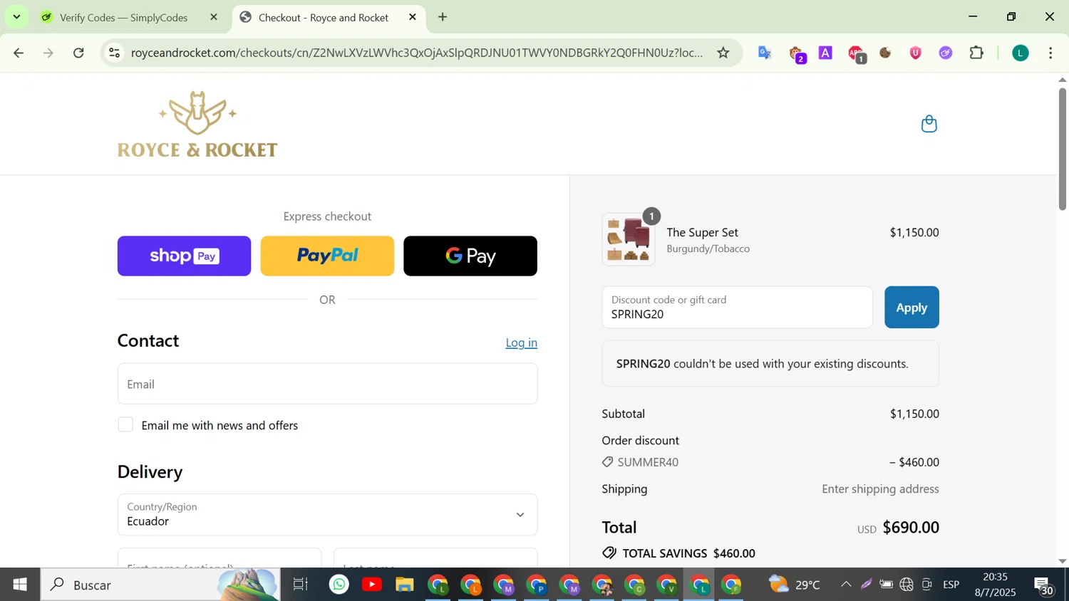 Royce and Rocket promo code screenshot showing code SPRING20 applied at Royce and Rocket checkout page. Uploaded by SimplyCodes community member VictoriousTiger2507 on Jul 9, 2025