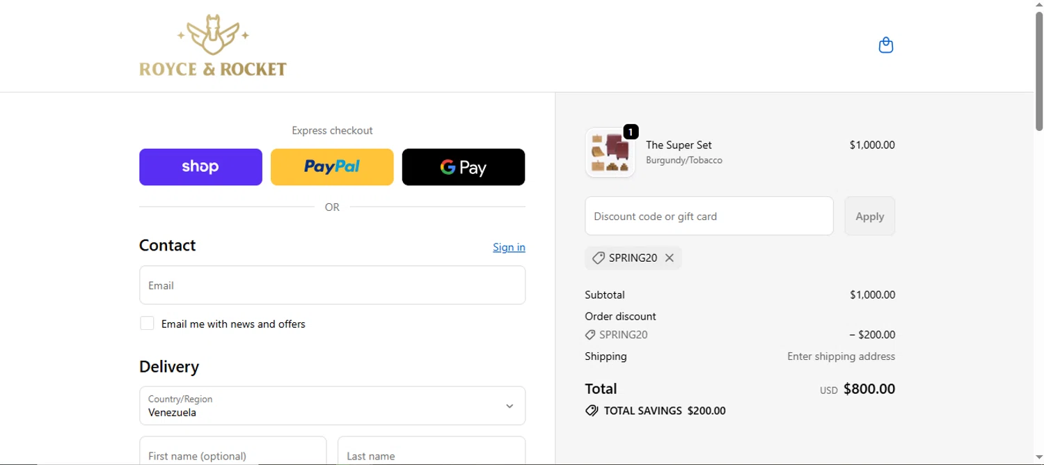 Royce and Rocket promo code screenshot showing code SPRING20 applied at Royce and Rocket checkout page. Uploaded by SimplyCodes community member danielgarcia1 on Oct 5, 2025
