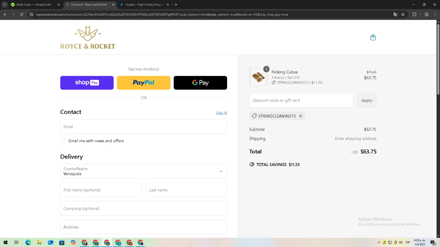 Royce and Rocket promo code screenshot showing code SPRINGCLEANING15 applied at Royce and Rocket checkout page. Uploaded by SimplyCodes community member TreasureTitan9744 on Apr 1, 2025