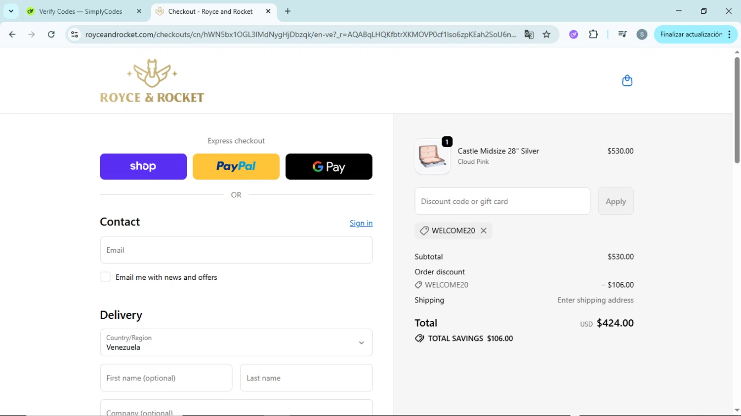 Royce and Rocket promo code screenshot showing code WELCOME20 applied at Royce and Rocket checkout page. Uploaded by SimplyCodes community member EpicScholar6418 on Nov 23, 2025