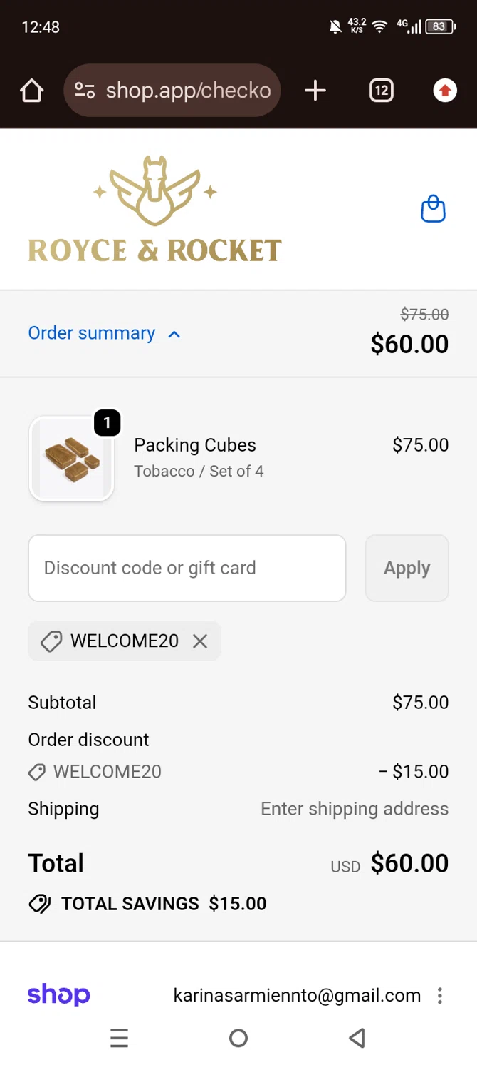 Royce and Rocket promo code screenshot showing code WELCOME20 applied at Royce and Rocket checkout page. Uploaded by SimplyCodes community member Olivatle on Dec 26, 2025