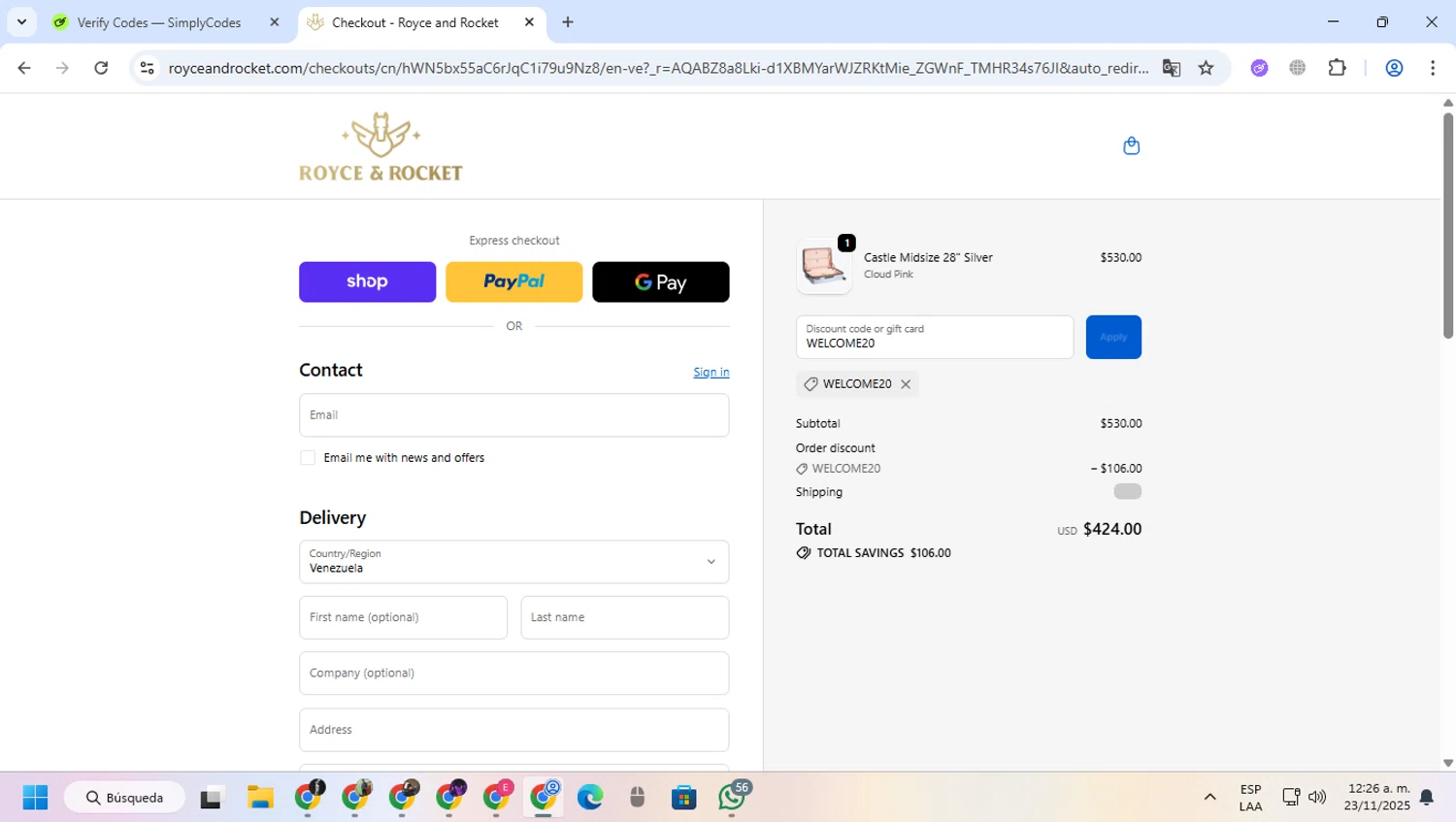 Royce and Rocket promo code screenshot showing code WELCOME20 applied at Royce and Rocket checkout page. Uploaded by SimplyCodes community member greulis on Nov 23, 2025