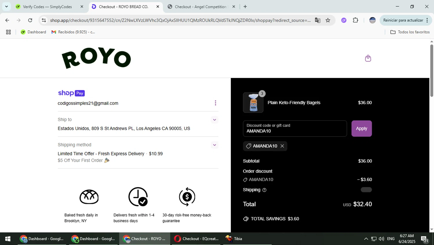 Royo Bread discount code screenshot showing code AMANDA10 applied at Royo Bread checkout page. Uploaded by SimplyCodes community member TrevorPhilips on Jun 24, 2025