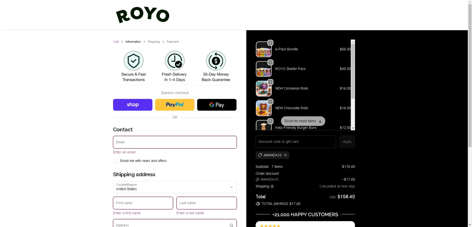Royo Bread discount code screenshot showing code AMANDA10 applied at Royo Bread checkout page. Uploaded by SimplyCodes community member VictoriousFinder4393 on Nov 27, 2025