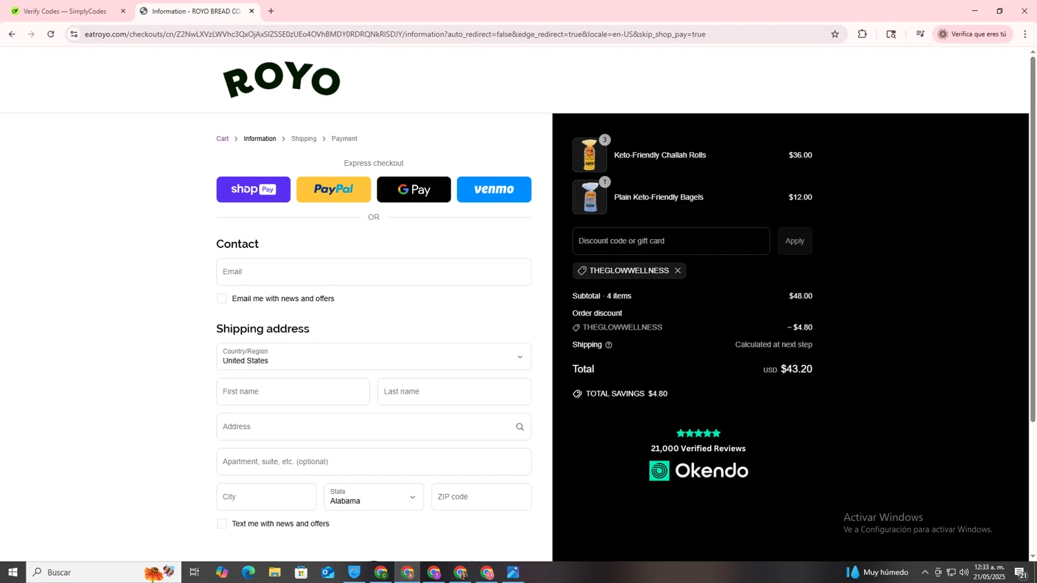 Royo Bread discount code screenshot showing code THEGLOWWELLNESS applied at Royo Bread checkout page. Uploaded by SimplyCodes community member SwiftSage2309 on May 21, 2025