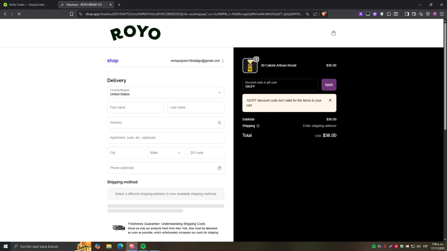 Royo Bread discount code screenshot showing code 10OFF applied at Royo Bread checkout page. Uploaded by SimplyCodes community member Tragedy on Nov 17, 2025
