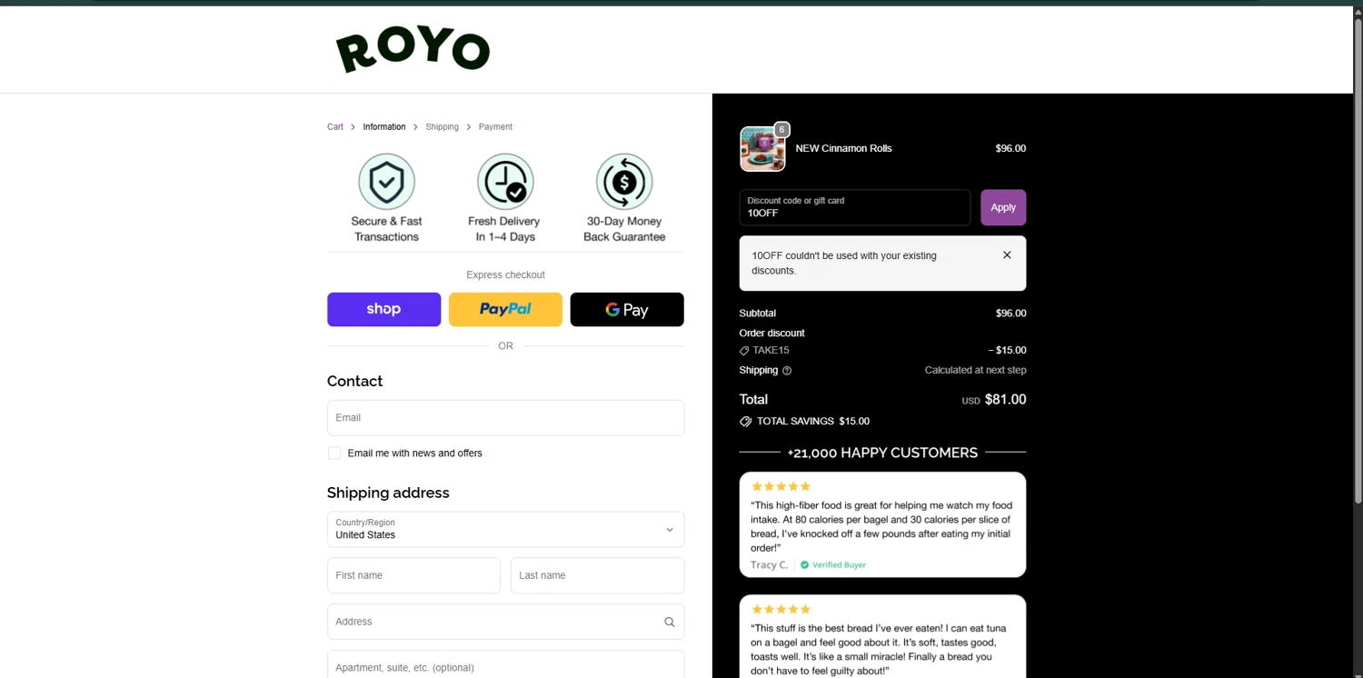 Royo Bread discount code screenshot showing code 10OFF applied at Royo Bread checkout page. Uploaded by SimplyCodes community member VoucherRanger9105 on Nov 27, 2025