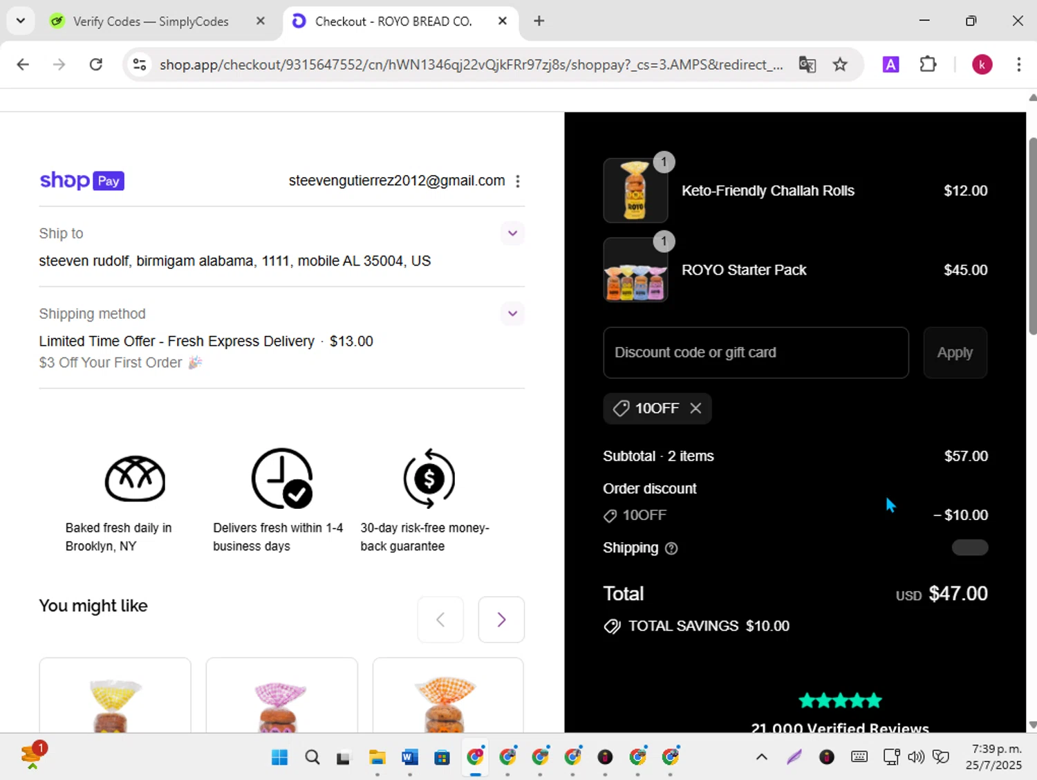 Royo Bread discount code screenshot showing code 10OFF applied at Royo Bread checkout page. Uploaded by SimplyCodes community member karoline on Jul 25, 2025
