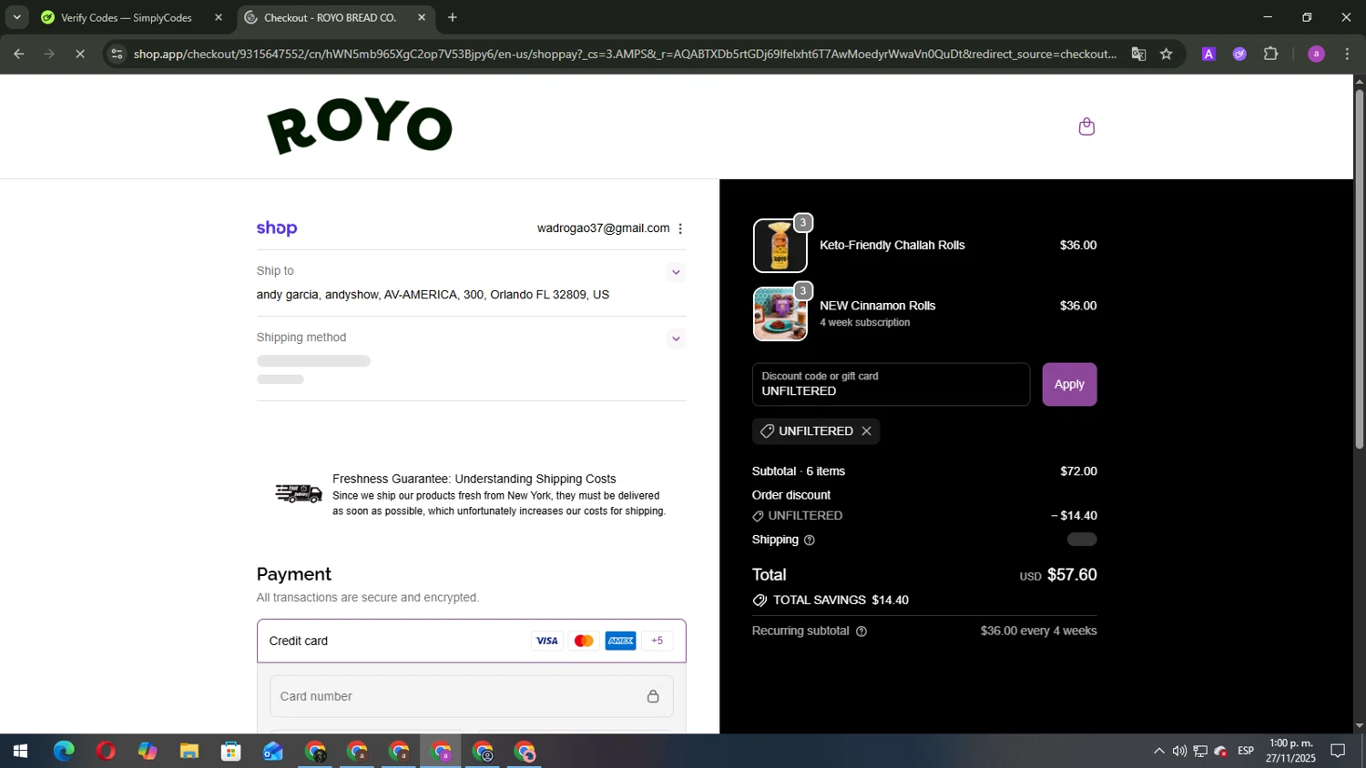 Royo Bread discount code screenshot showing code UNFILTERED applied at Royo Bread checkout page. Uploaded by SimplyCodes community member BukayoSaka on Nov 27, 2025