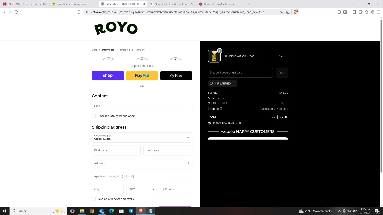 Royo Bread discount code screenshot showing code UNFILTERED applied at Royo Bread checkout page. Uploaded by SimplyCodes community member Carloscoder_900457733 on Oct 3, 2025