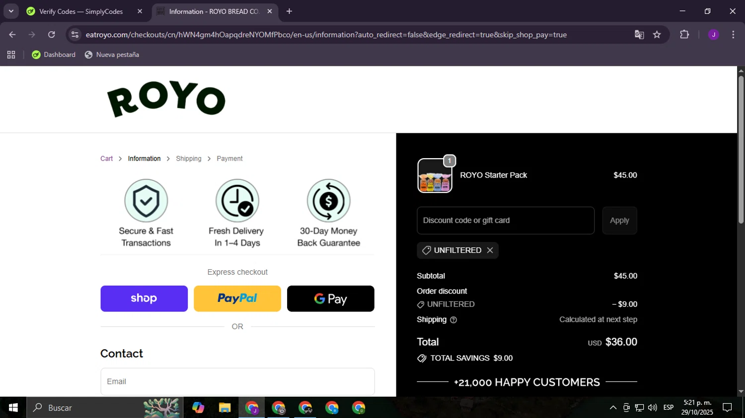Royo Bread discount code screenshot showing code UNFILTERED applied at Royo Bread checkout page. Uploaded by SimplyCodes community member failful on Oct 29, 2025