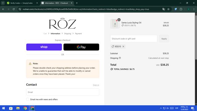 ROZ Hair checkout page showing ROZ Hair coupon code box | Screenshot taken by SimplyCodes community member on Sep 12, 2025