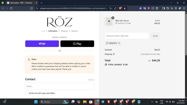 ROZ Hair checkout page showing ROZ Hair coupon code box | Screenshot taken by SimplyCodes community member on Sep 12, 2025