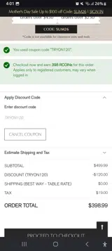 TRYON120 coupon verification screenshot