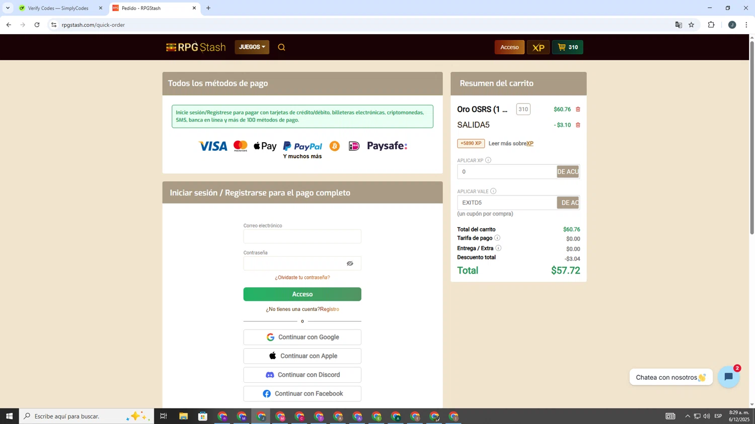RPGStash promo code screenshot showing code EXITD5 applied at RPGStash checkout page. Uploaded by SimplyCodes community member AVATIGRITO on Dec 6, 2025