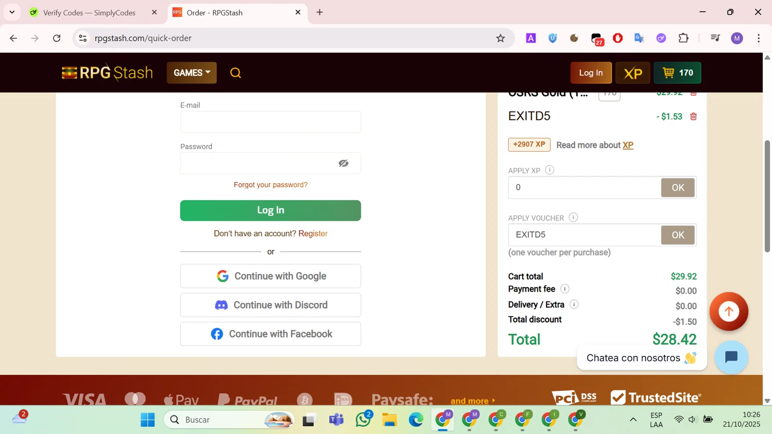 RPGStash promo code screenshot showing code EXITD5 applied at RPGStash checkout page. Uploaded by SimplyCodes community member CouponCollector598 on Oct 21, 2025