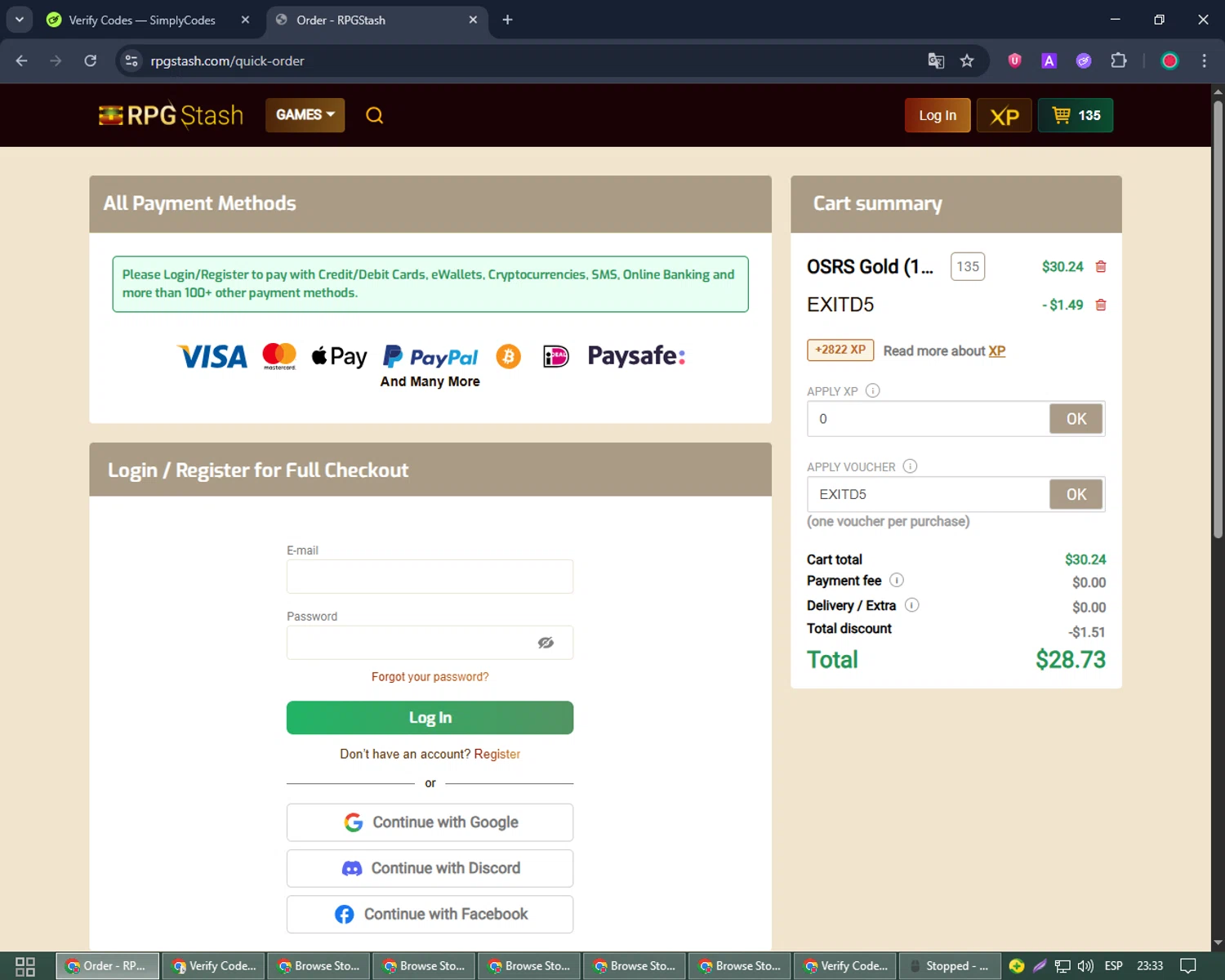 RPGStash promo code screenshot showing code EXITD5 applied at RPGStash checkout page. Uploaded by SimplyCodes community member Joseph_Davis on Aug 4, 2025