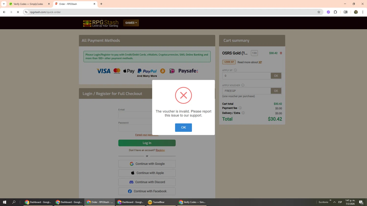RPGStash promo code screenshot showing code FREEGP applied at RPGStash checkout page. Uploaded by SimplyCodes community member Phoenix585 on Feb 7, 2026