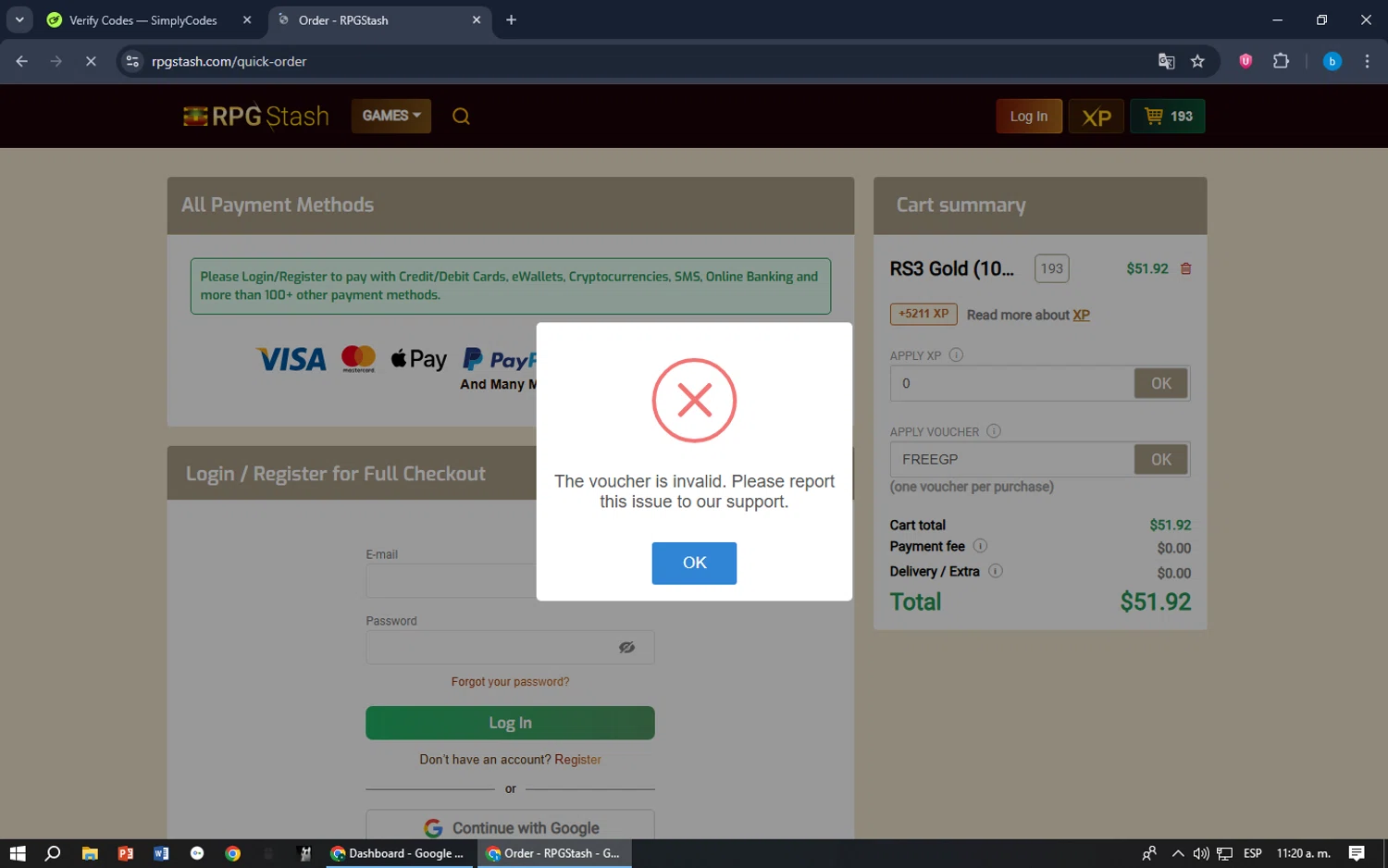 RPGStash promo code screenshot showing code FREEGP applied at RPGStash checkout page. Uploaded by SimplyCodes community member bilijr on Dec 27, 2025