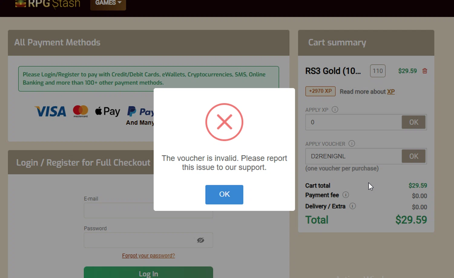 RPGStash promo code screenshot showing code D2RENIGNL applied at RPGStash checkout page. Uploaded by SimplyCodes community member WonderW on Jan 23, 2026