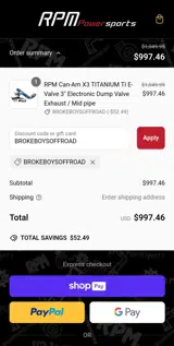 RPM Powersports coupon verification screenshot