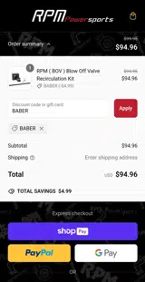 RPM Powersports coupon verification screenshot