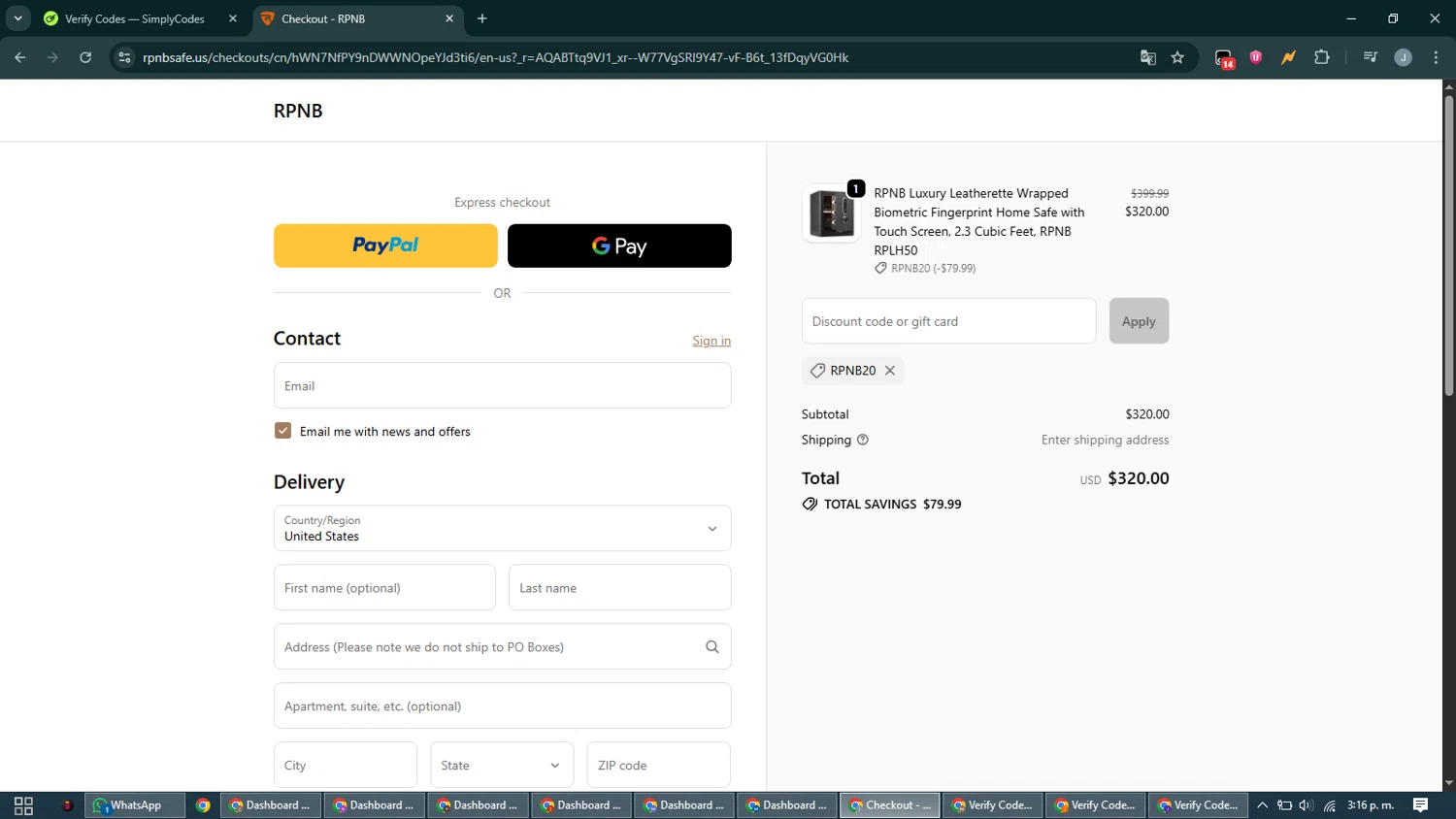 RPNB Safe checkout page showing RPNB Safe coupon code box | Screenshot taken by SimplyCodes community member on Jan 8, 2026
