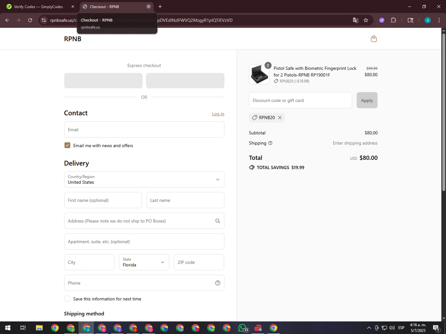 RPNB Safe coupon code screenshot showing code RPNB20 applied at RPNB Safe checkout page. Uploaded by SimplyCodes community member GloriousTiger3507 on Jul 5, 2025