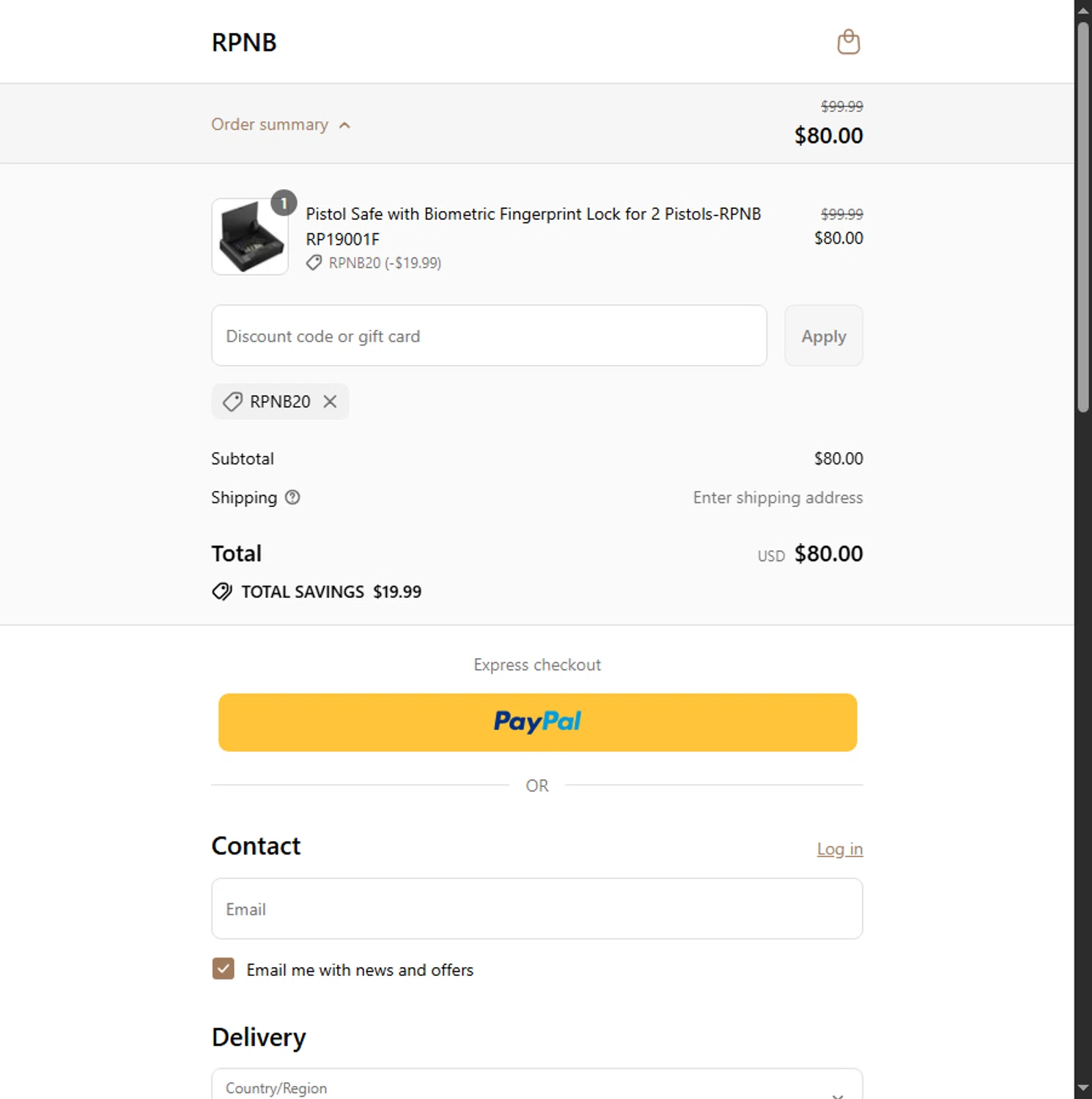 RPNB Safe coupon code screenshot showing code RPNB20 applied at RPNB Safe checkout page. Uploaded by SimplyCodes community member Sadalsuud on Sep 4, 2025