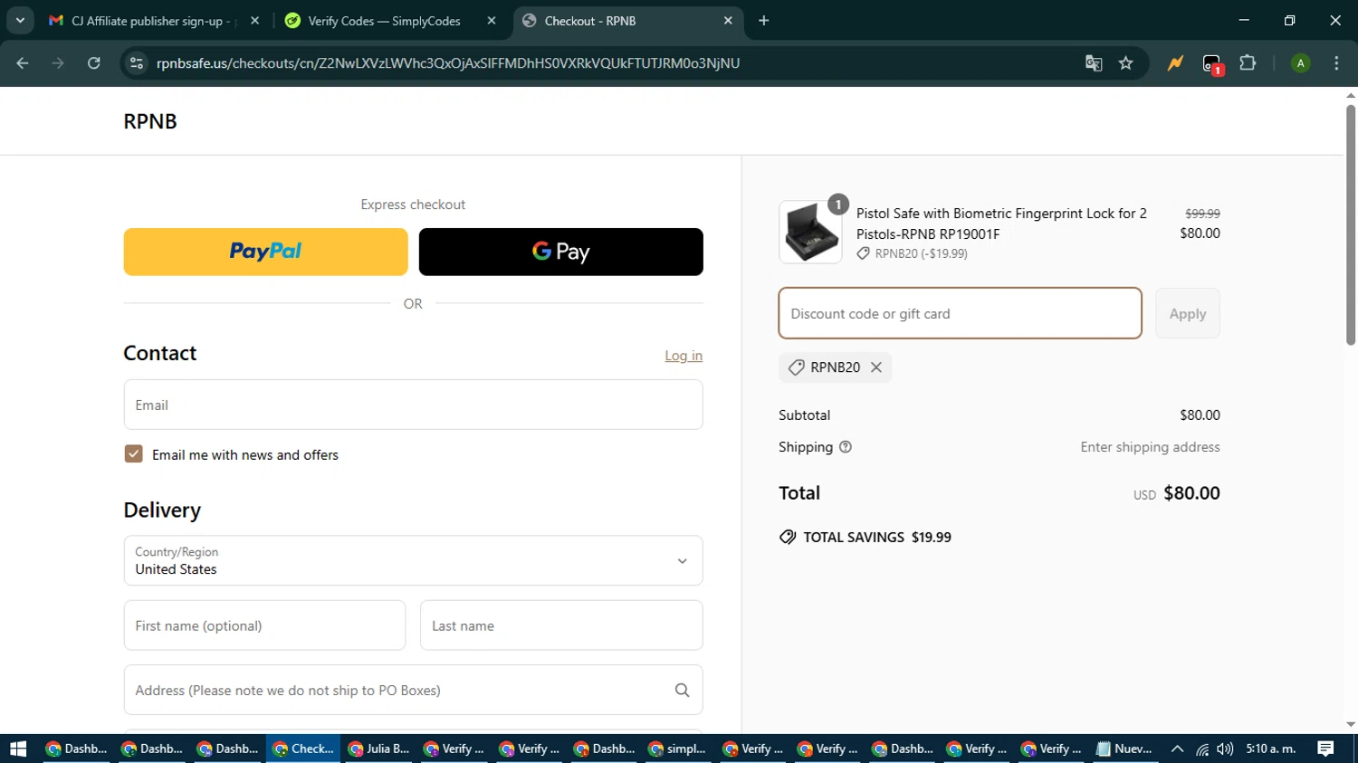 RPNB Safe coupon code screenshot showing code RPNB20 applied at RPNB Safe checkout page. Uploaded by SimplyCodes community member CashLynx5338 on Mar 28, 2025