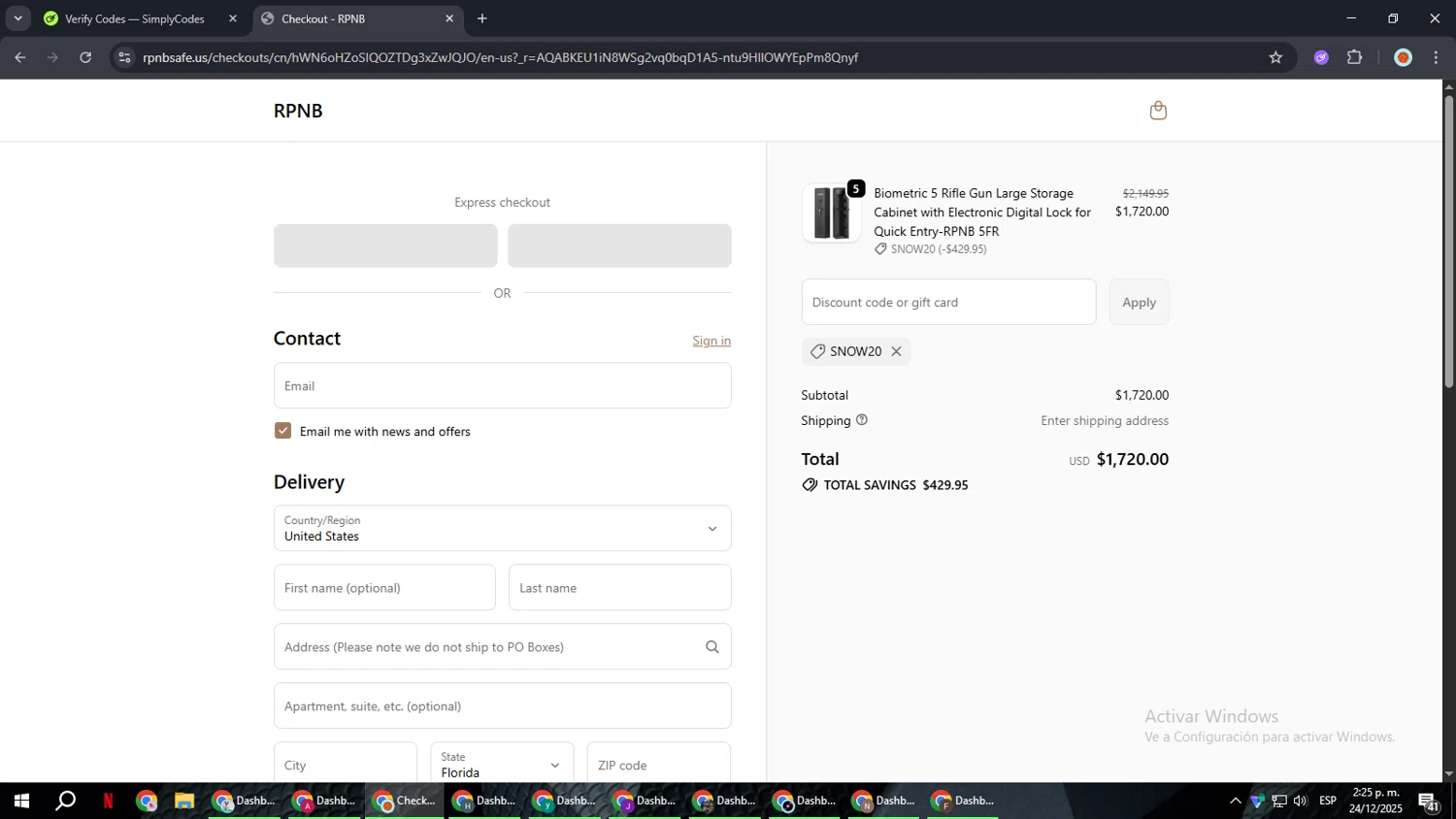 RPNB Safe coupon code screenshot showing code snow20 applied at RPNB Safe checkout page. Uploaded by SimplyCodes community member BonusCaptain9927 on Dec 24, 2025