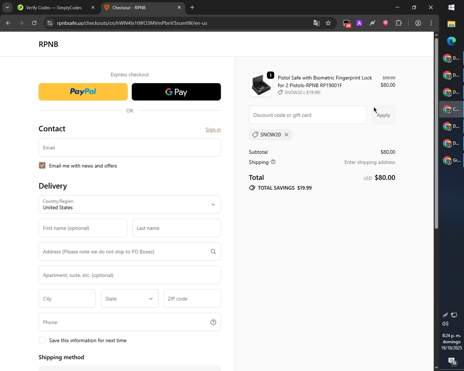 RPNB Safe coupon code screenshot showing code snow20 applied at RPNB Safe checkout page. Uploaded by SimplyCodes community member Cynoxx on Oct 19, 2025