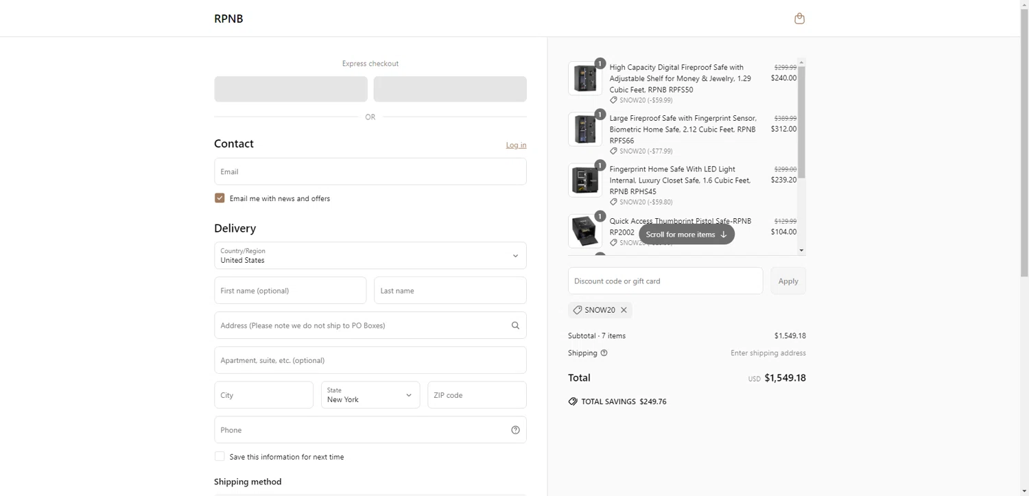 RPNB Safe coupon code screenshot showing code snow20 applied at RPNB Safe checkout page. Uploaded by SimplyCodes community member PrimeSentinel4675 on May 24, 2025
