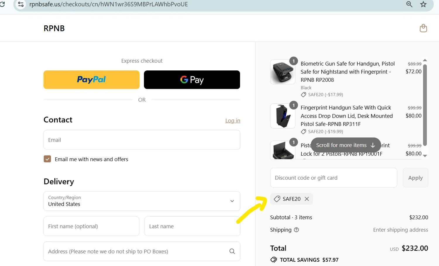 RPNB Safe coupon code screenshot showing code safe20 applied at RPNB Safe checkout page. Uploaded by SimplyCodes community member PennyLegend2134 on Aug 18, 2025