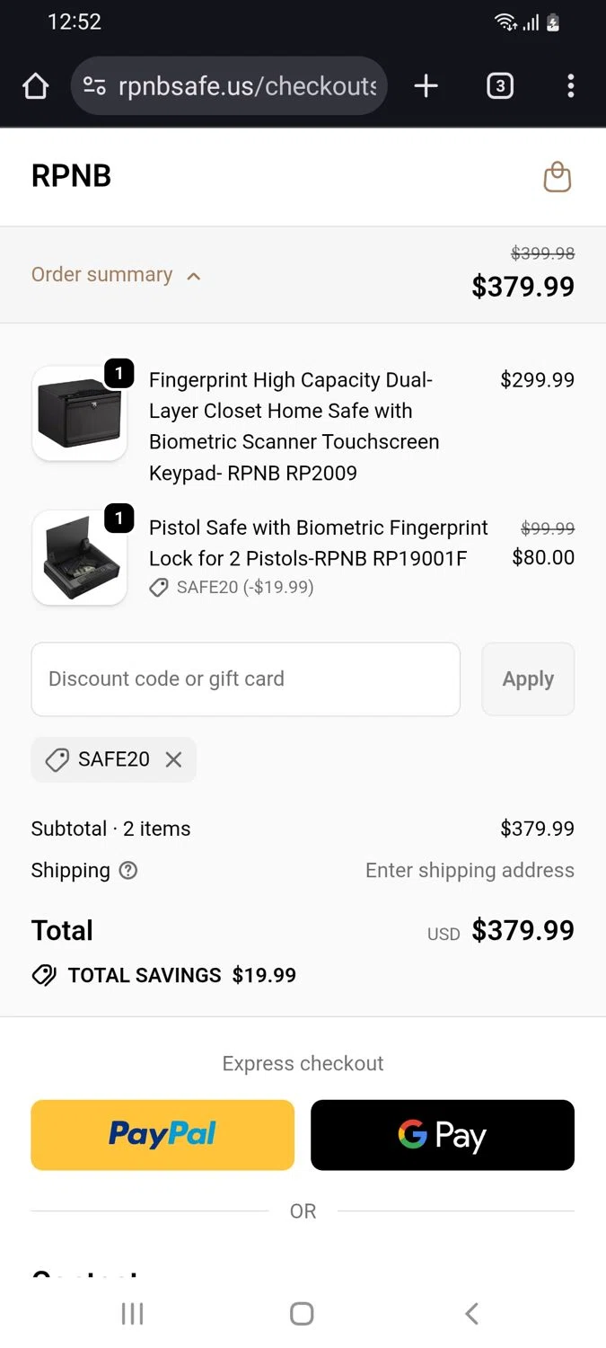 RPNB Safe coupon code screenshot showing code safe20 applied at RPNB Safe checkout page. Uploaded by SimplyCodes community member tulioriera on Dec 12, 2025