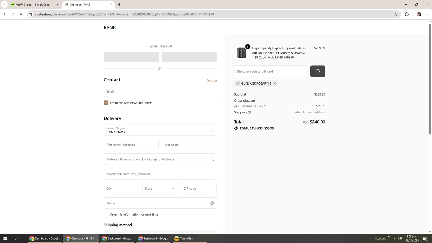 RPNB Safe coupon code screenshot showing code GUNSANDROSARY16 applied at RPNB Safe checkout page. Uploaded by SimplyCodes community member Levi_Ackerman on Dec 1, 2025