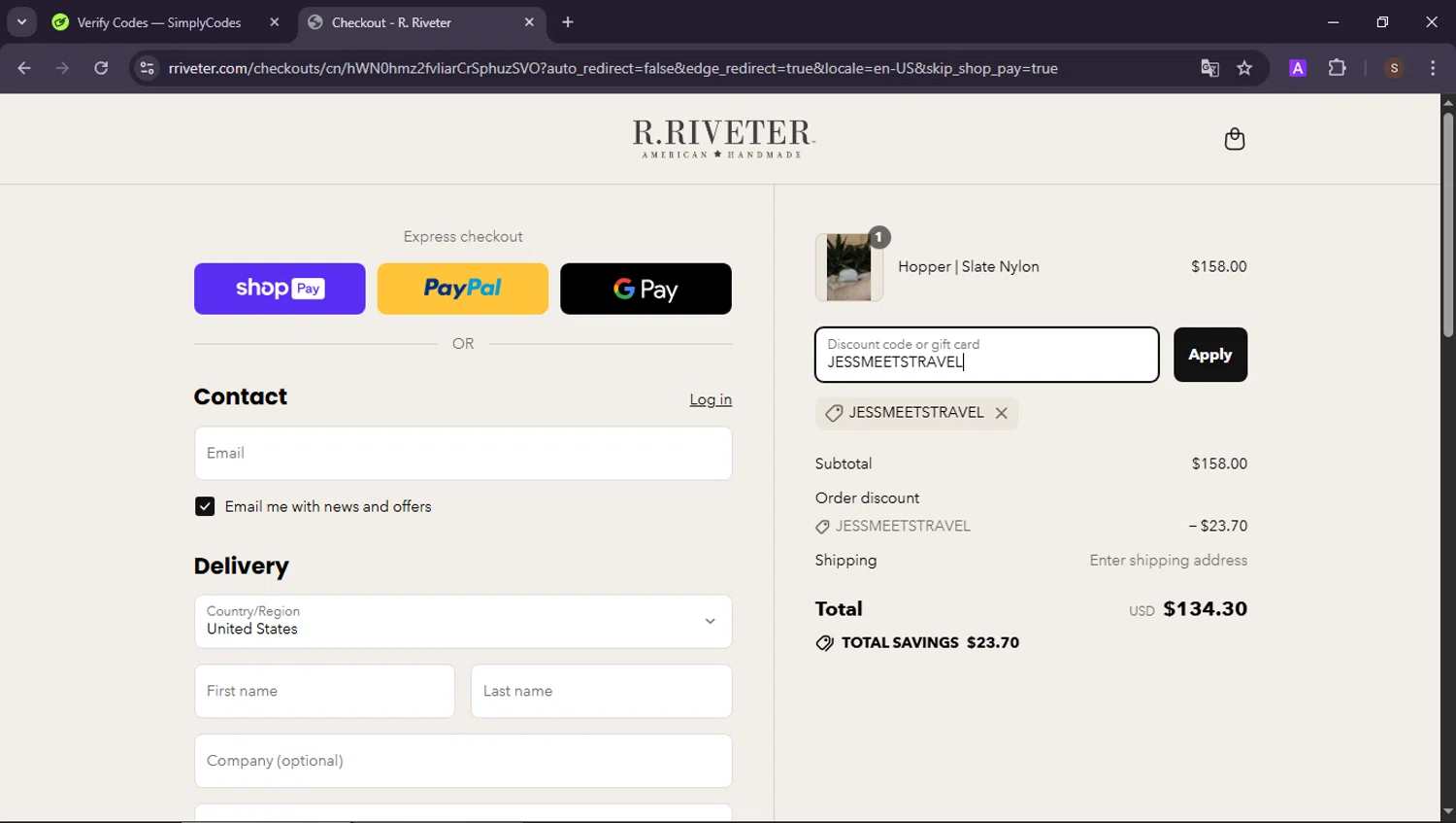 R. Riveter discount code screenshot showing code JESSMEETSTRAVEL applied at R. Riveter checkout page. Uploaded by SimplyCodes community member CoinCollector8010 on Jul 16, 2025