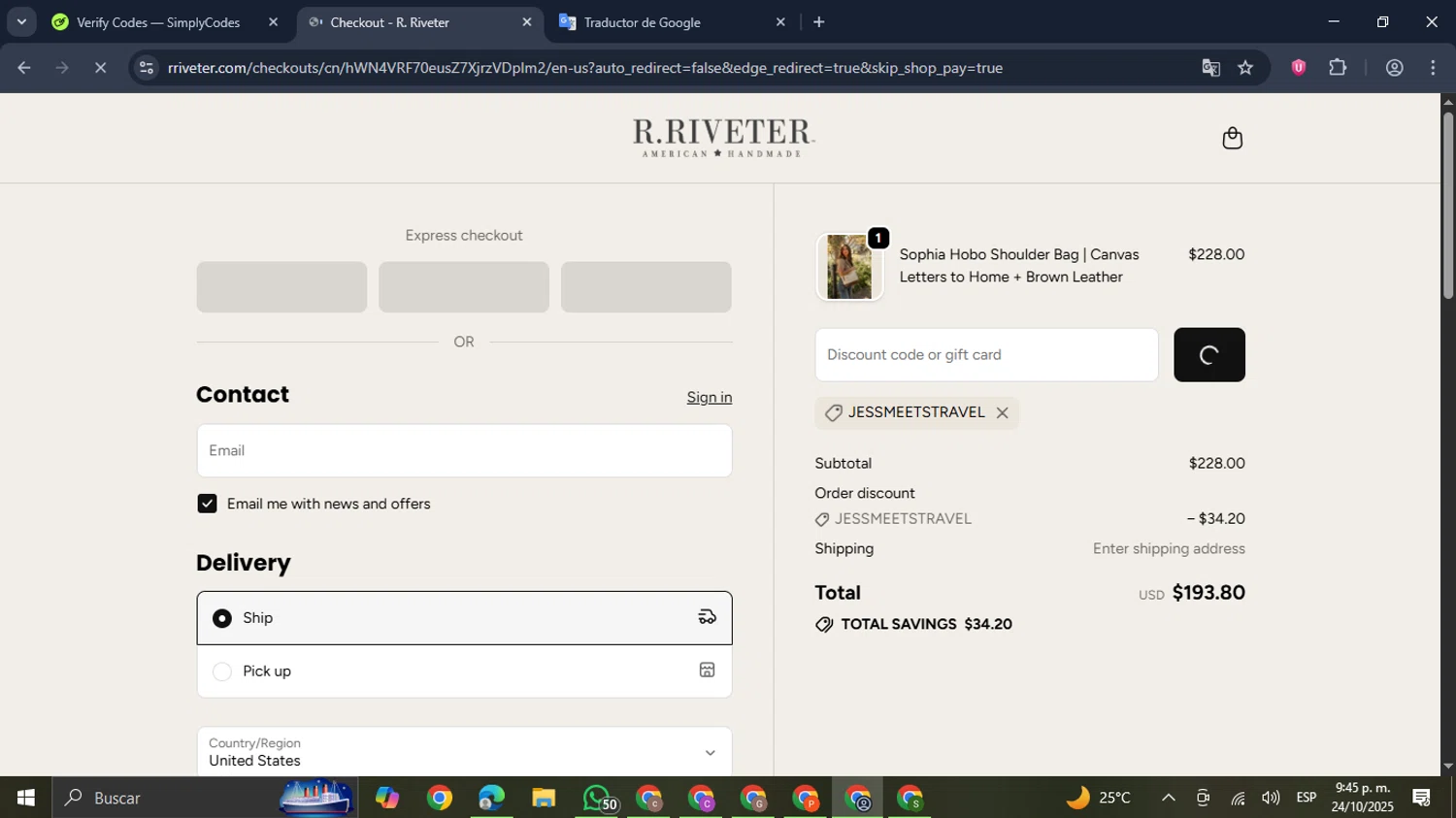 R. Riveter discount code screenshot showing code JESSMEETSTRAVEL applied at R. Riveter checkout page. Uploaded by SimplyCodes community member GloriousDefender7889 on Oct 25, 2025